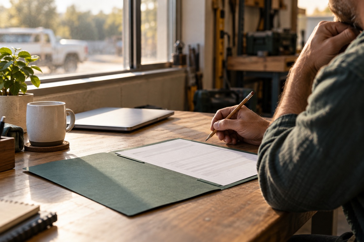 A service business owner reviewing a paper estimate at a desk beside a workshop window.