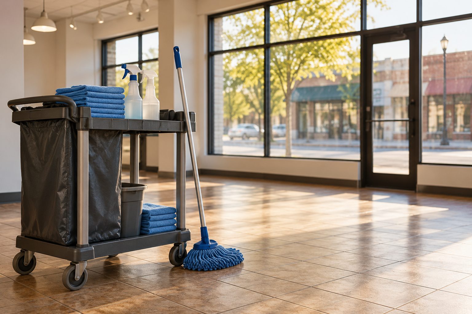 An unbranded cleaning cart with blue cloths, spray bottles and a mop beside sunlit storefront windows.