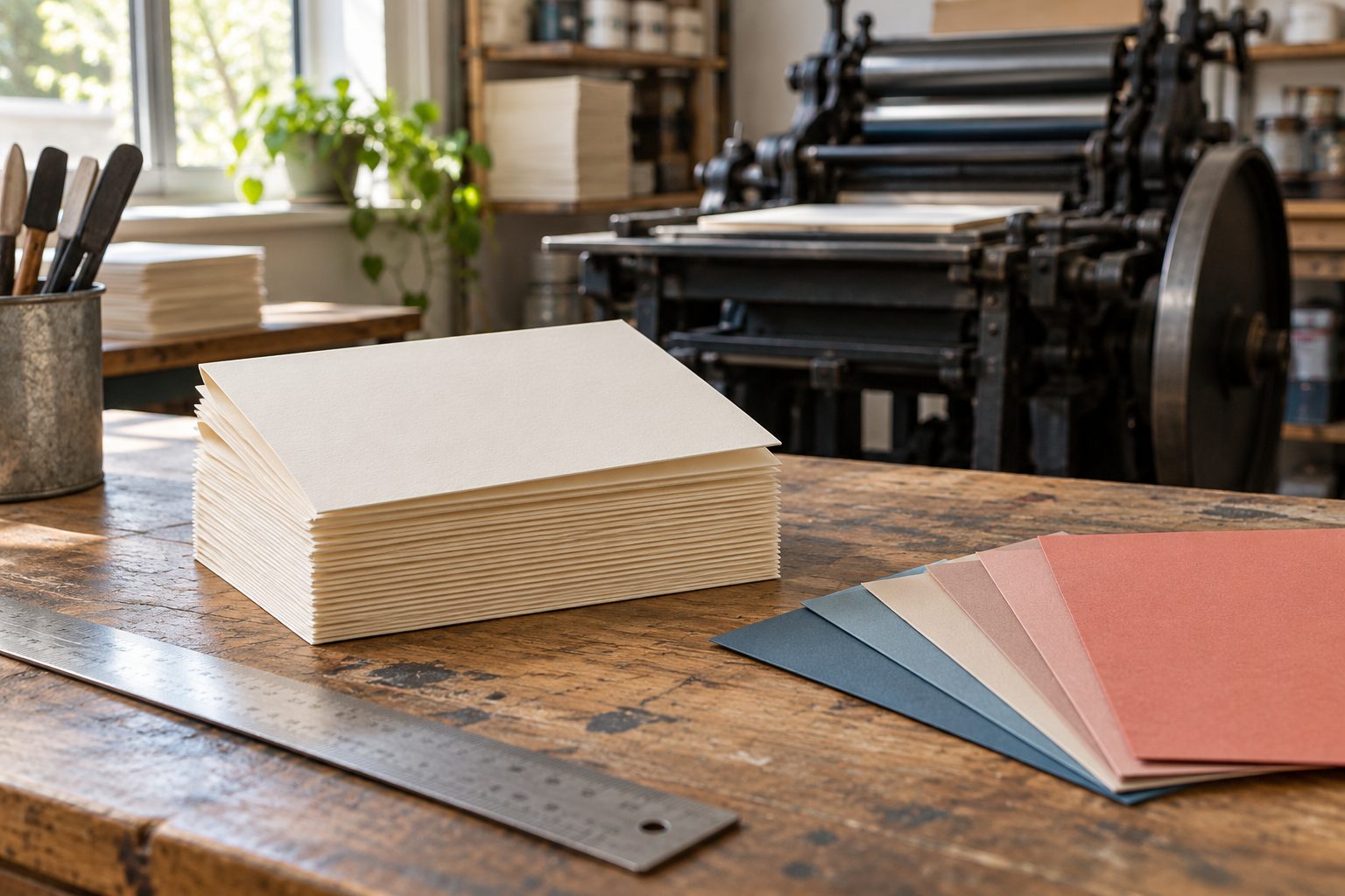 Blank cream cards and colored paper samples on a wooden print-shop workbench, with a printing press behind them.