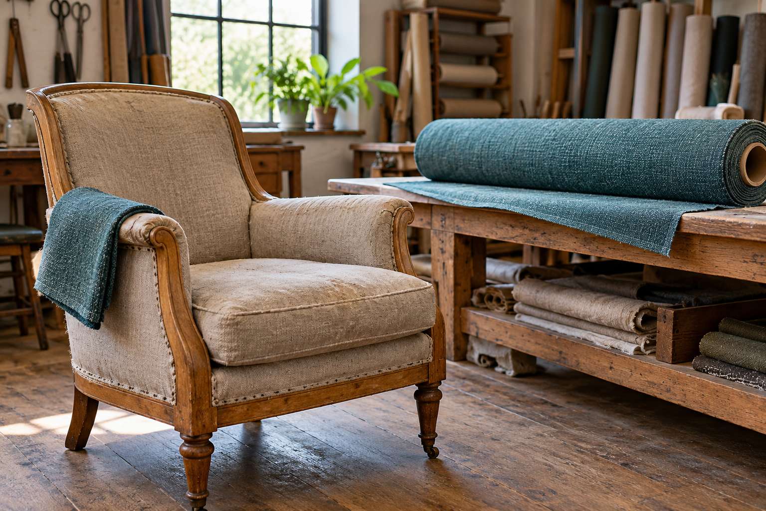 A worn wooden armchair with a teal fabric swatch beside a matching fabric roll in a sunlit upholstery workshop.