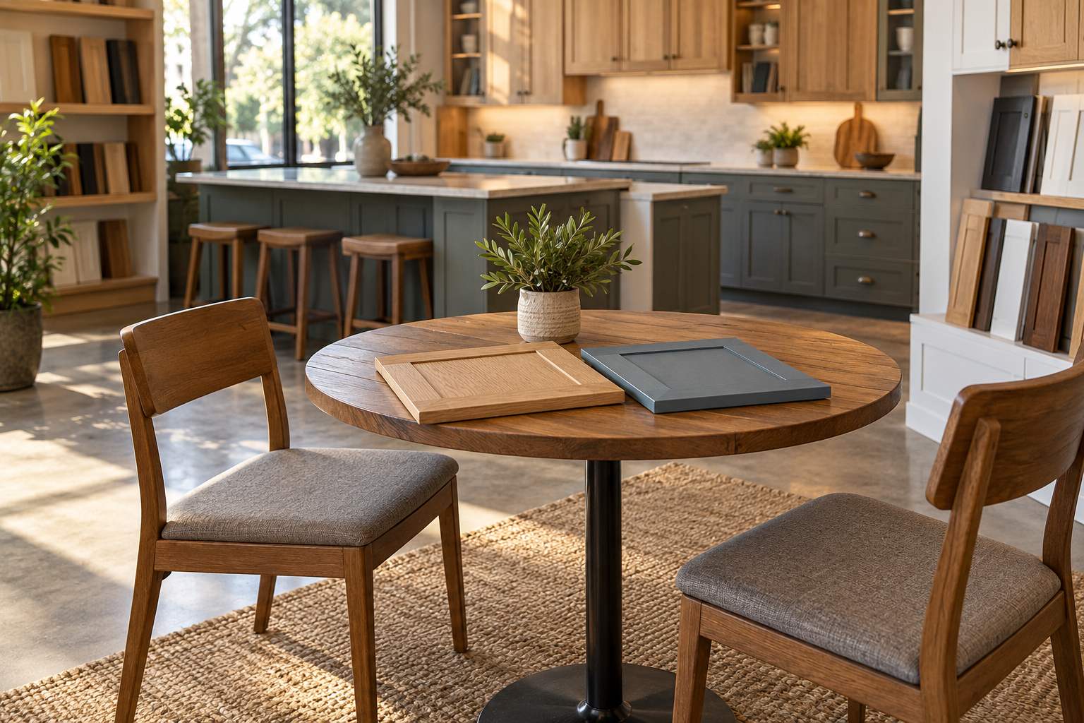 Two empty chairs face a round table with oak and blue-gray cabinet door samples in a sunlit cabinet showroom.