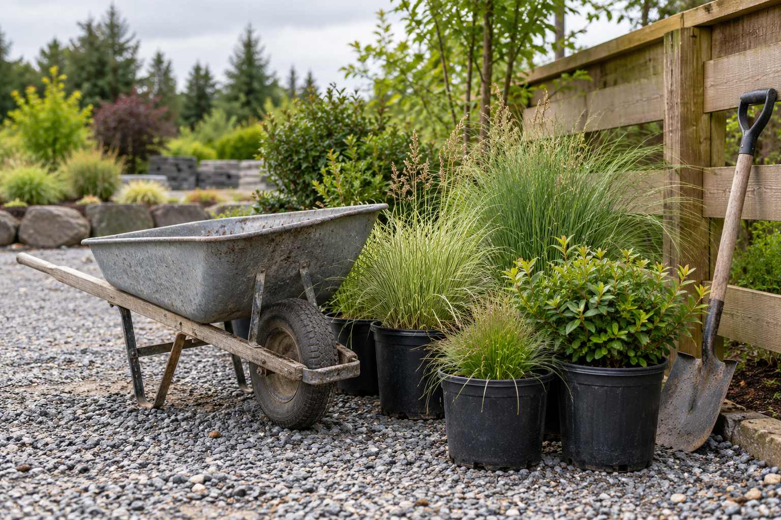 A weathered wheelbarrow beside potted ornamental grasses and a shrub, with a spade leaning against a timber fence.