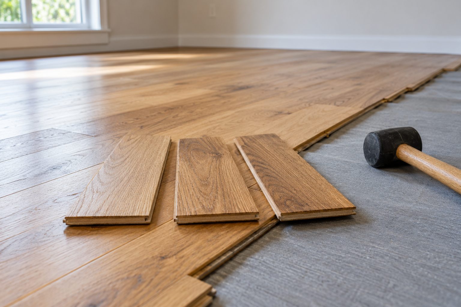 Three oak flooring samples on a partially laid wood floor beside exposed gray underlayment and a rubber mallet.