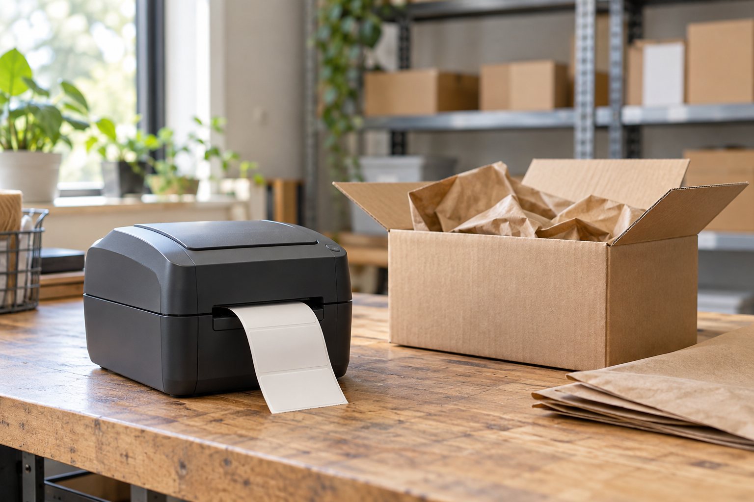 An unbranded label printer with blank labels beside an open cardboard shipping box on a wooden packing bench.