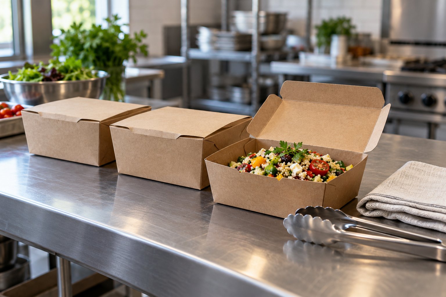 AI-generated illustration of kraft lunch boxes, one filled with salad, on a catering kitchen counter.