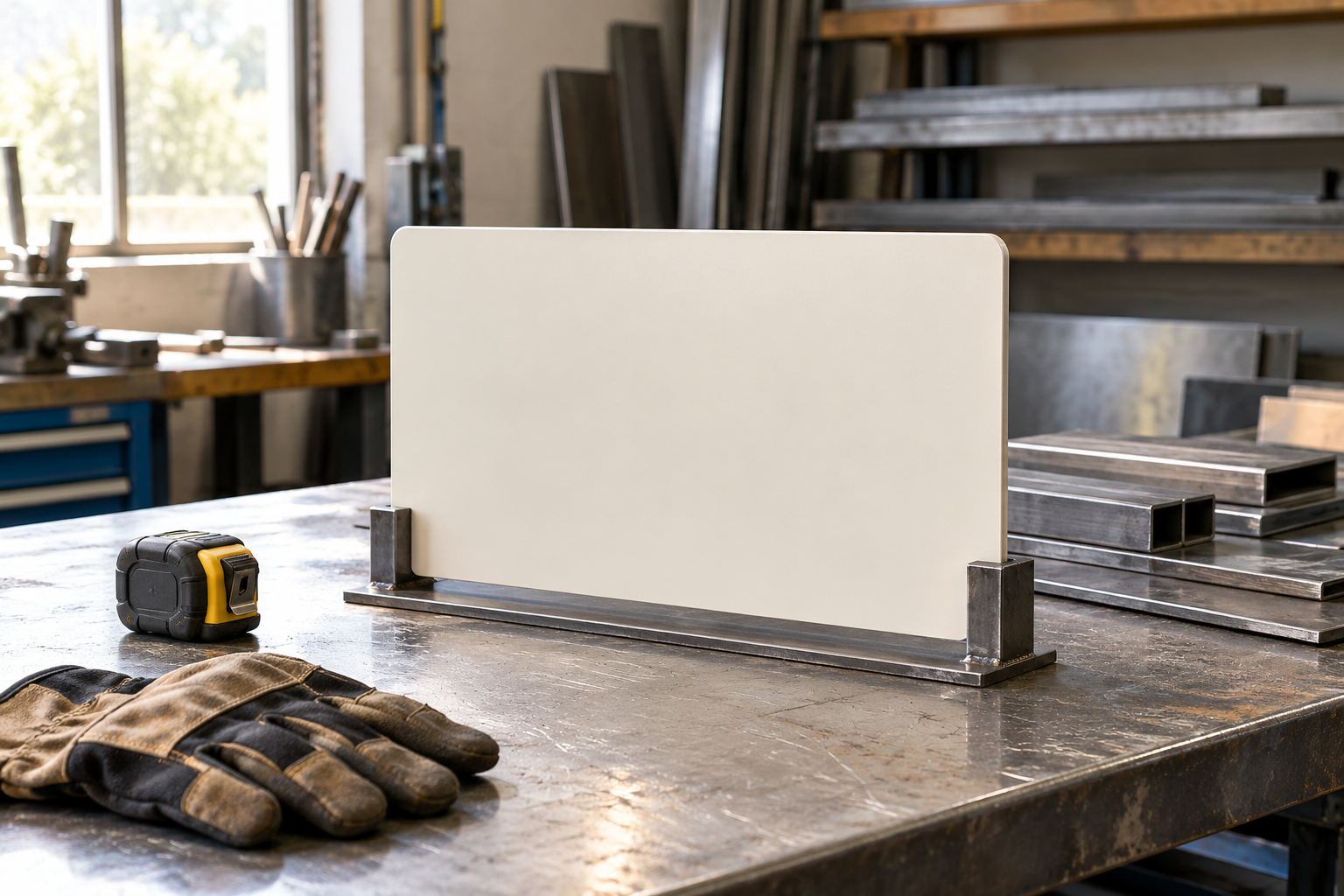 AI-generated illustration of a blank sign panel, work gloves, and a measuring tape on a sign-making workbench.