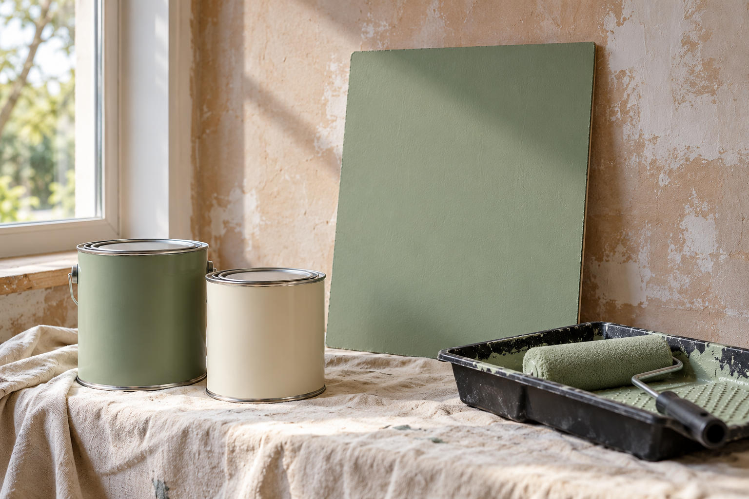 AI-generated illustration of paint tins, a roller tray, and a sage sample board in a painter's preparation area.